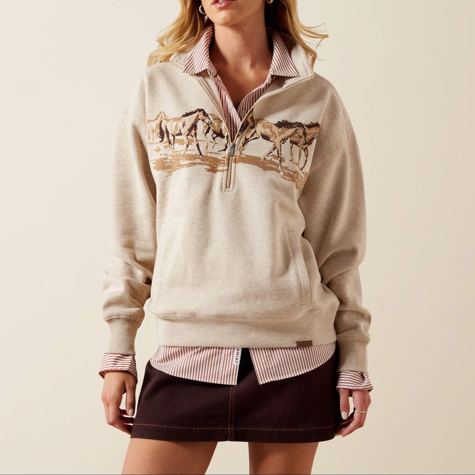 Womens western boutique Utah womens fashion Ariat Womens Running Wild Half Zip Sweatshirt Oatmeal Heather SKU 10079255 Ariat Womens Running Wild Half Zip Sweatshirt 