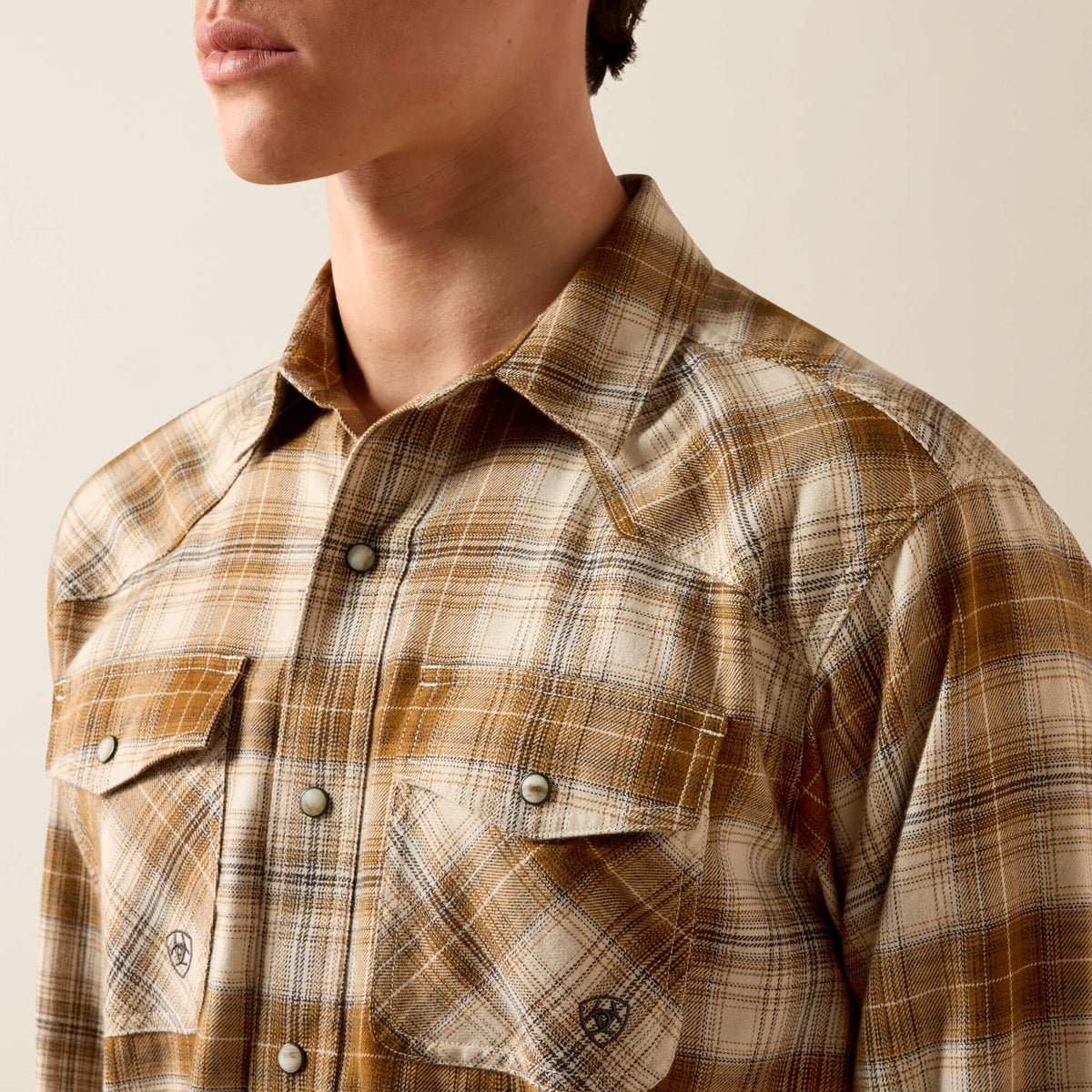 Mens western boutique Utah ranch style Ariat Mens Retro Hayes Fitted Snap Shirt Peyote Plaid SKU 10079299 Boltranchstore.com free shipping