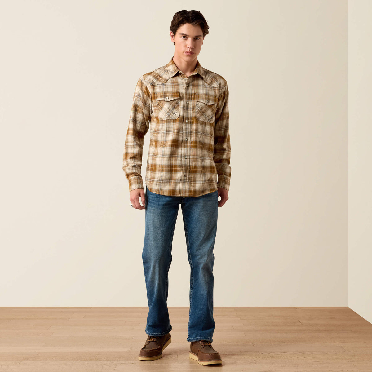 Rodeo mens western style Utah boutique Ariat Mens Retro Hayes Fitted Snap Shirt Peyote Plaid SKU 10079299 Boltranchstore.com free shipping