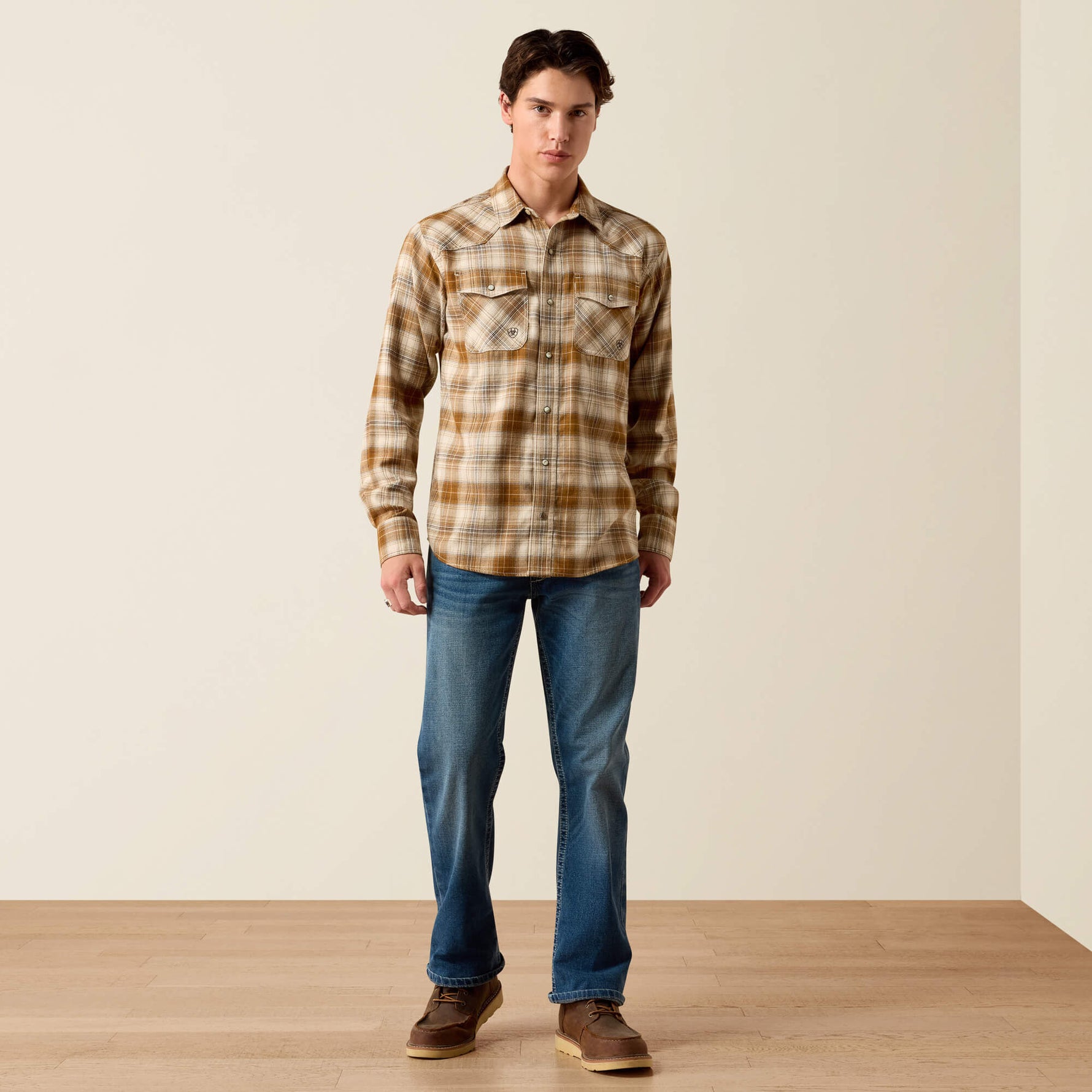 Rodeo mens western style Utah boutique Ariat Mens Retro Hayes Fitted Snap Shirt Peyote Plaid SKU 10079299 Boltranchstore.com free shipping