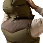 Ariat Frontier Puffer Vest Ivy Green Chicory Coffee adjustable lined hood in chicory coffee brown with zip front storm flap