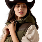 Ariat Frontier Puffer Vest Ivy Green Chicory Coffee contrast western yoke detail across the shoulders cowgirl western fashion