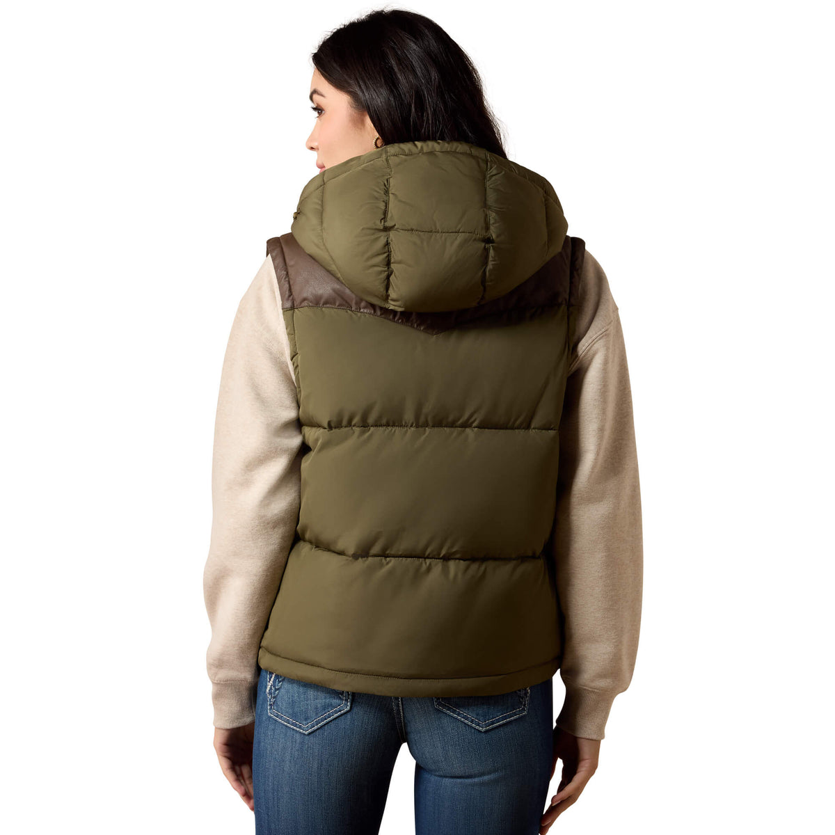 Ariat Frontier Puffer Vest Ivy Green Chicory Coffee sleeveless puffer silhouette with wide quilted baffles womens western clothing