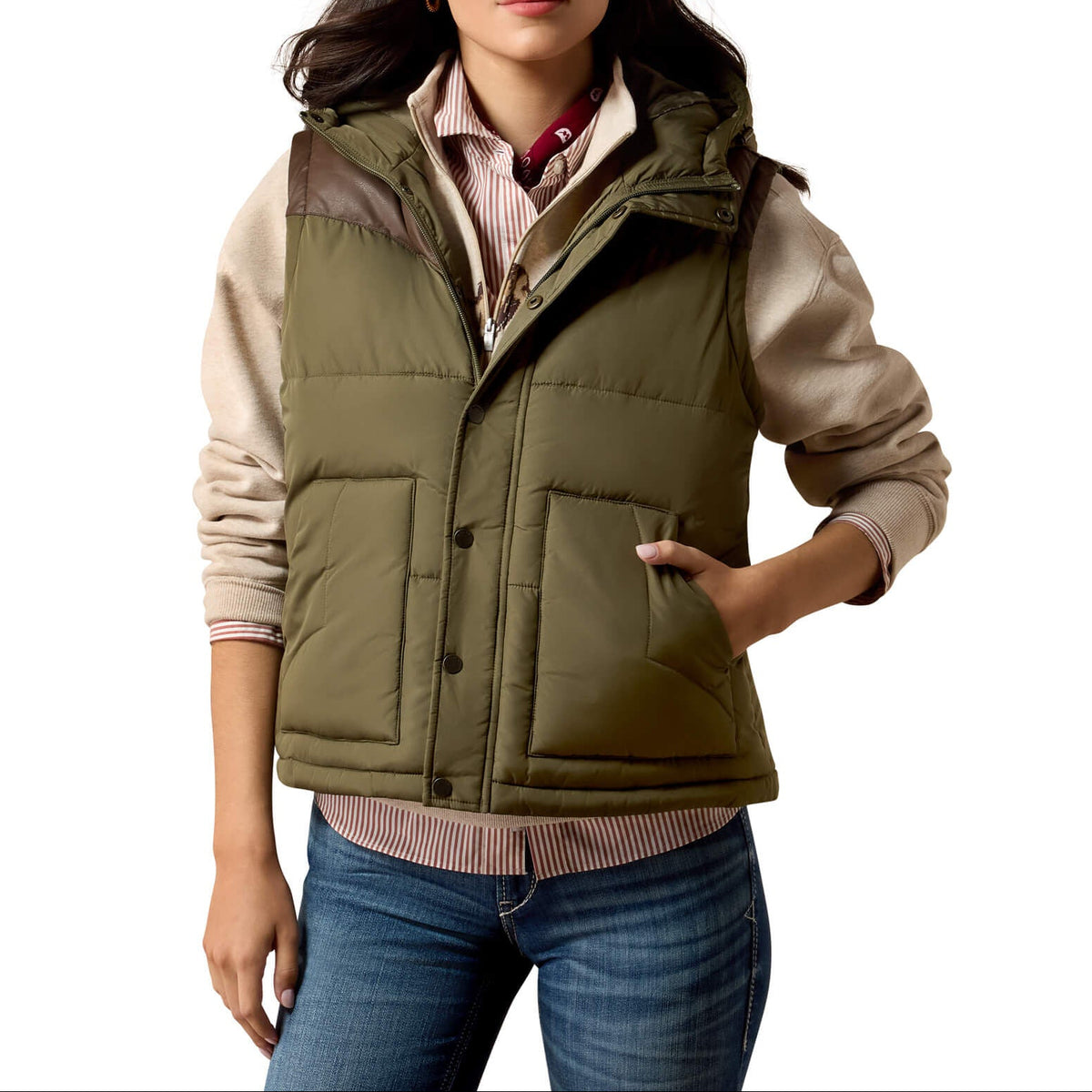 Ariat Frontier Puffer Vest Ivy Green Chicory Coffee ivy green water repellent polyester with down alternative insulation womens western boutique Utah SKU 10079321