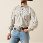 10079437 Ariat Mens WF Burnard Snap Savanah Brown Shirt at boltranchstore.com in stock free shipping A man wearing a light gray and white vertically striped western long-sleeve button-down shirt mens western shirt