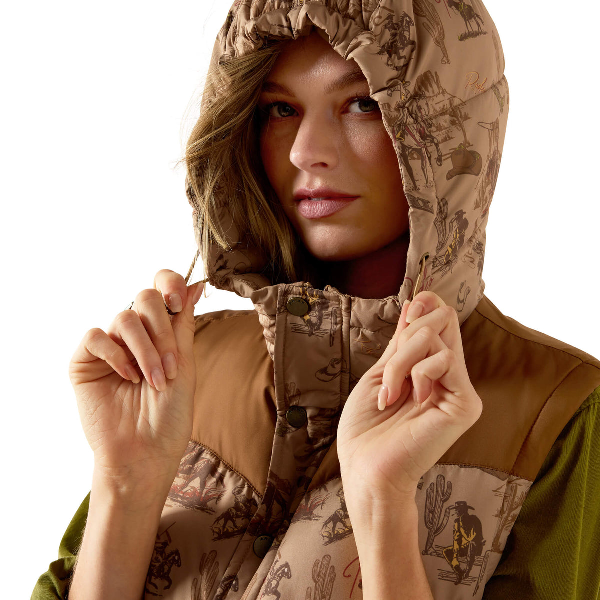 Ariat Frontier Puffer Vest Retro Rodeo Dachshund adjustable lined hood with zip front closure and storm flap rodeo