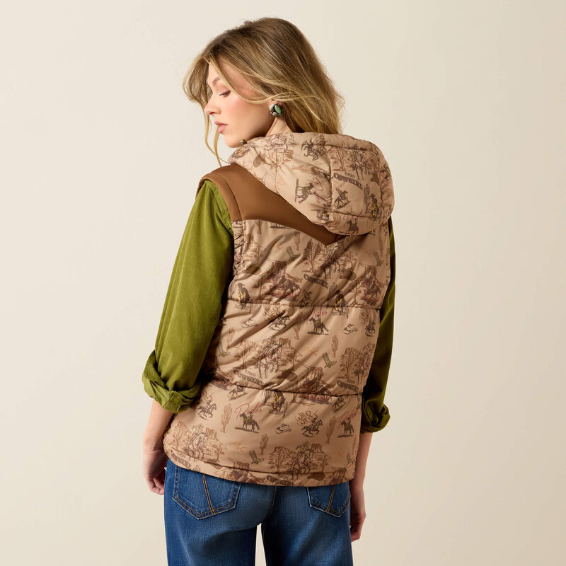 Ariat Frontier Puffer Vest Retro Rodeo Dachshund printed body paired with solid dachshund brown shoulder yoke cowgirl outerwear Kamas