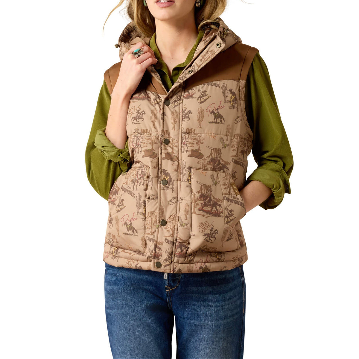 Ariat Frontier Puffer Vest Retro Rodeo Dachshund sand and brown retro rodeo scenic print on water repellent polyester womens western boutique Utah SKU 10079451