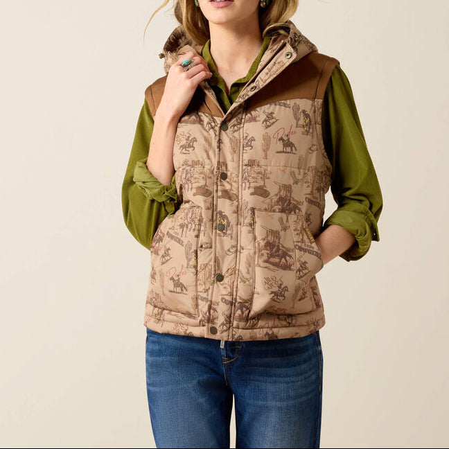 Ariat Frontier Puffer Vest Retro Rodeo Dachshund sand and brown retro rodeo scenic print on water repellent polyester womens western boutique Utah SKU 10079451