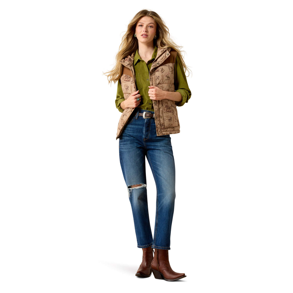 Ariat Frontier Puffer Vest Retro Rodeo Dachshund layered over denim and boots for ranch wear and everyday western fashion