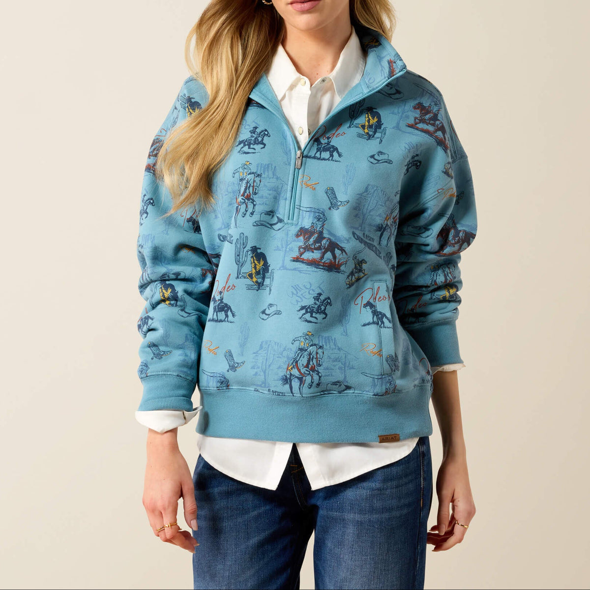 Womens western boutique Utah womens fashion Ariat Womens Painted Half Zip Sweatshirt Retro Rodeo SKU 10079452 Ariat Womens Painted Half Zip Sweatshirt