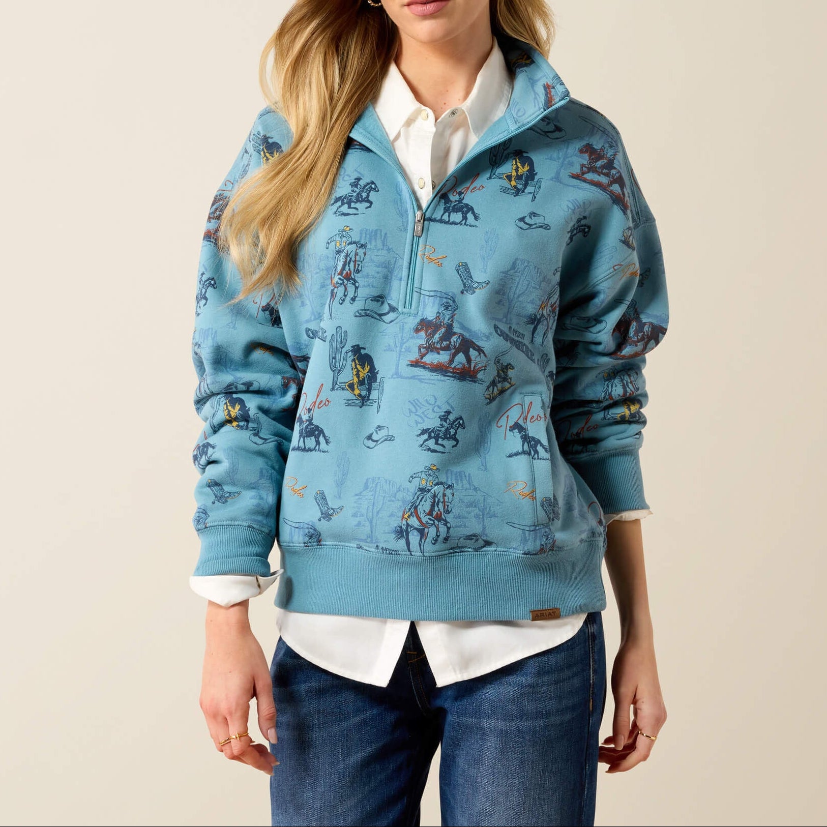 Womens western boutique Utah womens fashion Ariat Womens Painted Half Zip Sweatshirt Retro Rodeo SKU 10079452 Ariat Womens Painted Half Zip Sweatshirt
