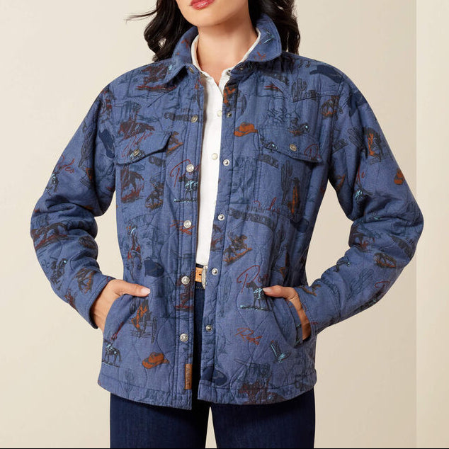 Ariat Womens Obispo Lightweight Insulated Jacket Retro Rodeo at boltranchstore.com in stock womens western jacket Woman wearing a blue patterned jacket SKU 10079454