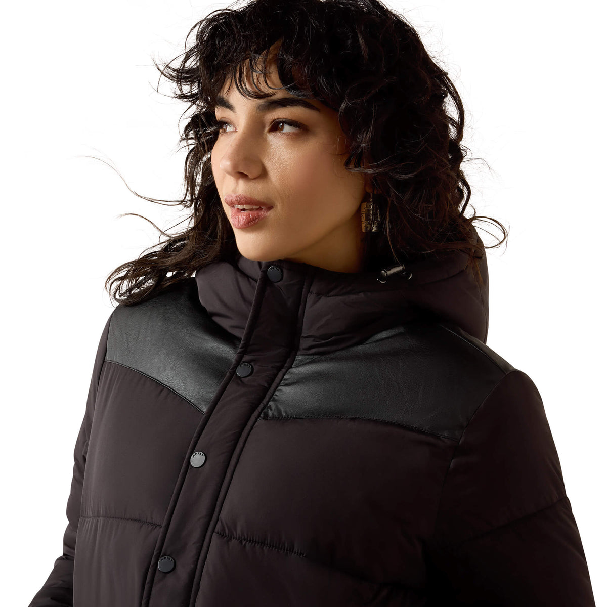 Ariat Frontier Puffer Jacket contrast western yoke with adjustable lined hood and zip front storm flap ranch wear