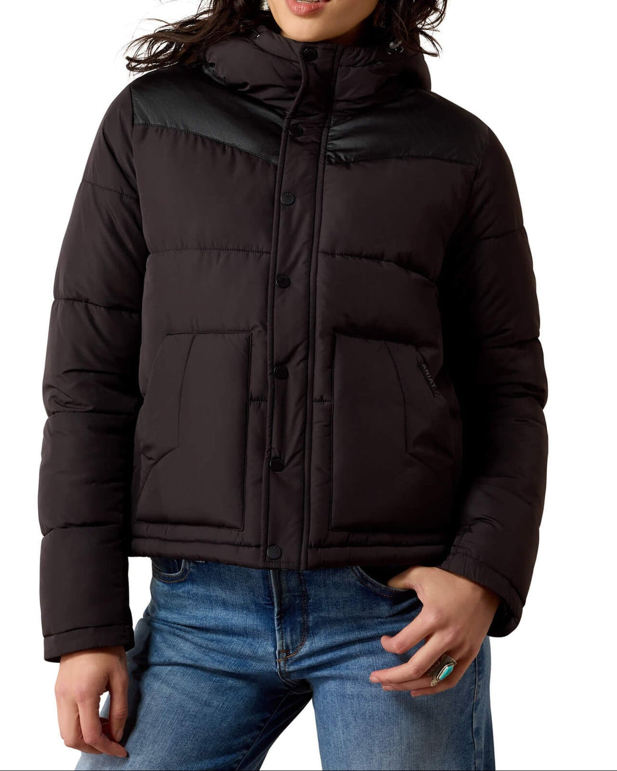 Ariat Frontier Puffer Jacket black water repellent polyester puffer with down alternative insulation womens western boutique Utah SKU 10079507