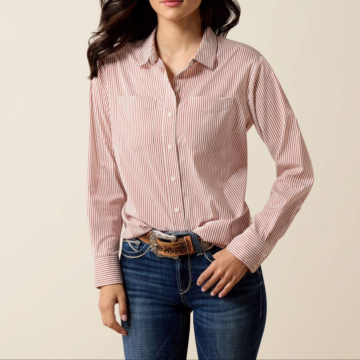 Womens western boutique Utah womens fashion Ariat Womens Everything Shirt Burnt Henna Stripe SKU 10079514 Boltranchstore.com free shipping