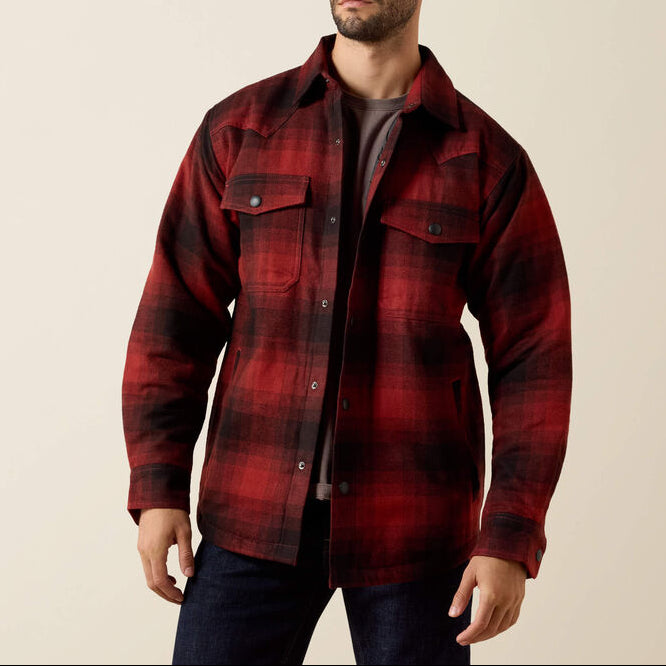 Ariat Mens Retro Shirt Jacket a red black snap up with two front pockets long sleeves collared SKU 10079575 Ariat Mens Retro Shirt Jacket