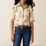 Ariat Girls Ranch Tale Western Snap Shirt cream-colored  long sleeve button-up shirt with a colorful western-themed 