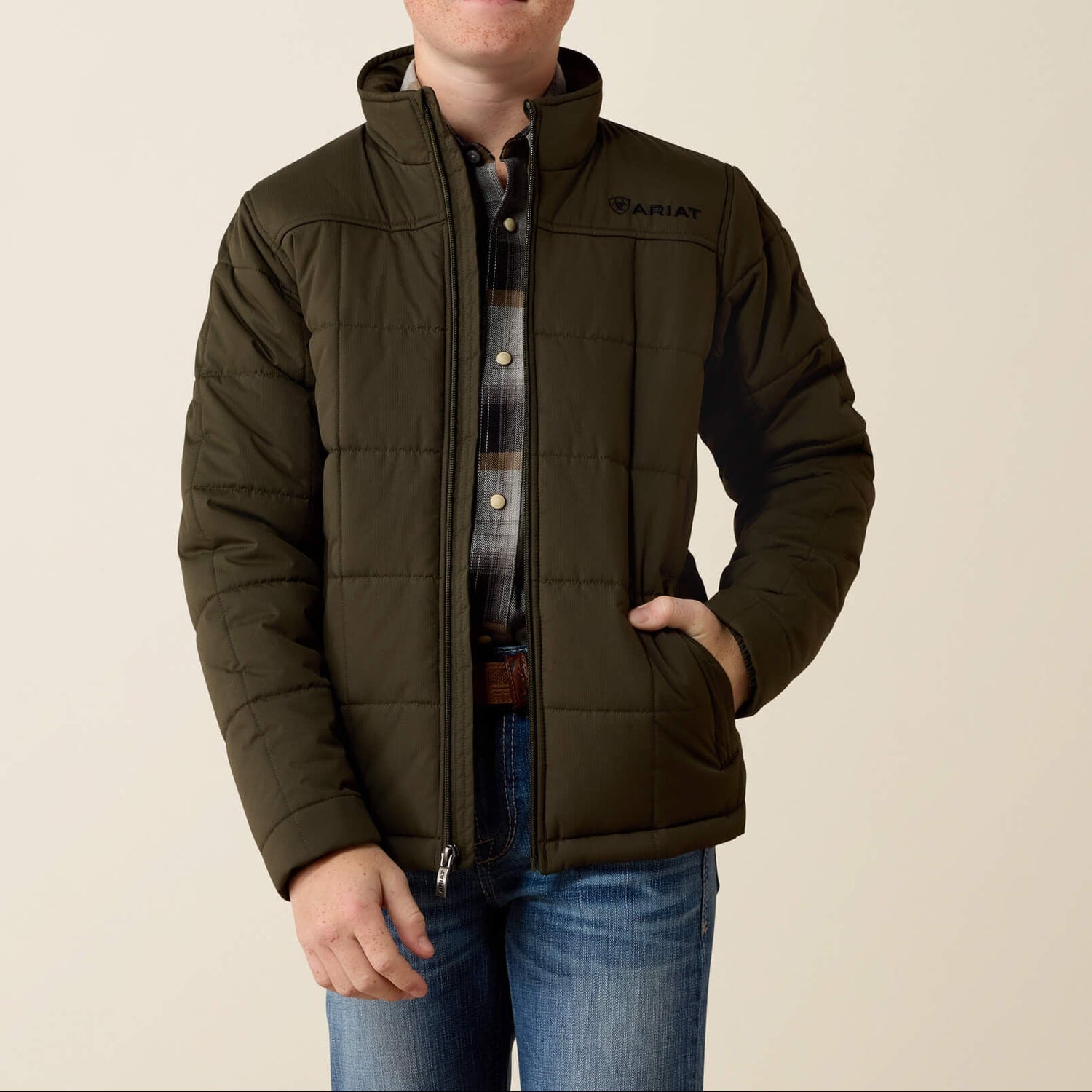 Ariat Boys Crius Insulated Jacket Forest Night deep olive green quilted ripstop jacket for kids western clothing Utah SKU 10079624