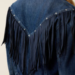 Ariat Americana Denim Jacket dense faux suede fringe falling from the chevron yoke with star stud accents western fashion Dupe