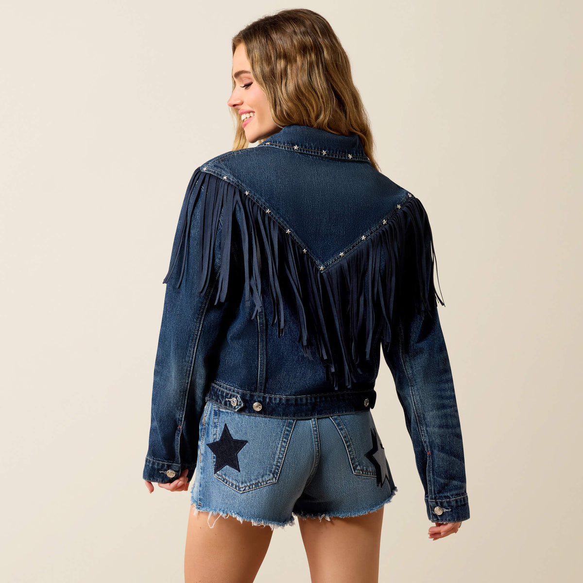 Ariat Americana Denim Jacket pointed western back yoke trimmed with long faux suede fringe and star stud detail ranch wear