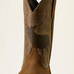 Ariat Mens Sport Trail Cam Wide Square Toe Cowboy Boot close look at the stitched deer silhouette on the olive leather shaft western clothing