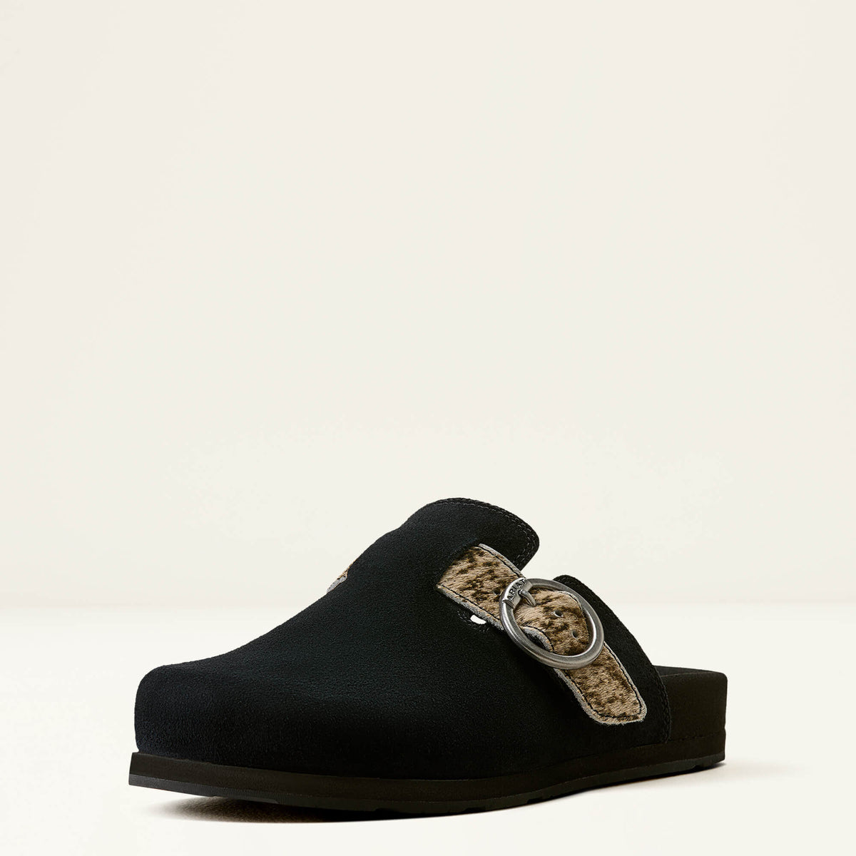 Ariat Country Mule Black Suede Brindle Hair On black suede slip on mule with brindle hair on strap womens western boutique Utah SKU 10080471