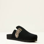 Ariat Country Mule Black Suede Brindle Hair On silver equestrian buckle on cowhide strap rodeo ready western clothing