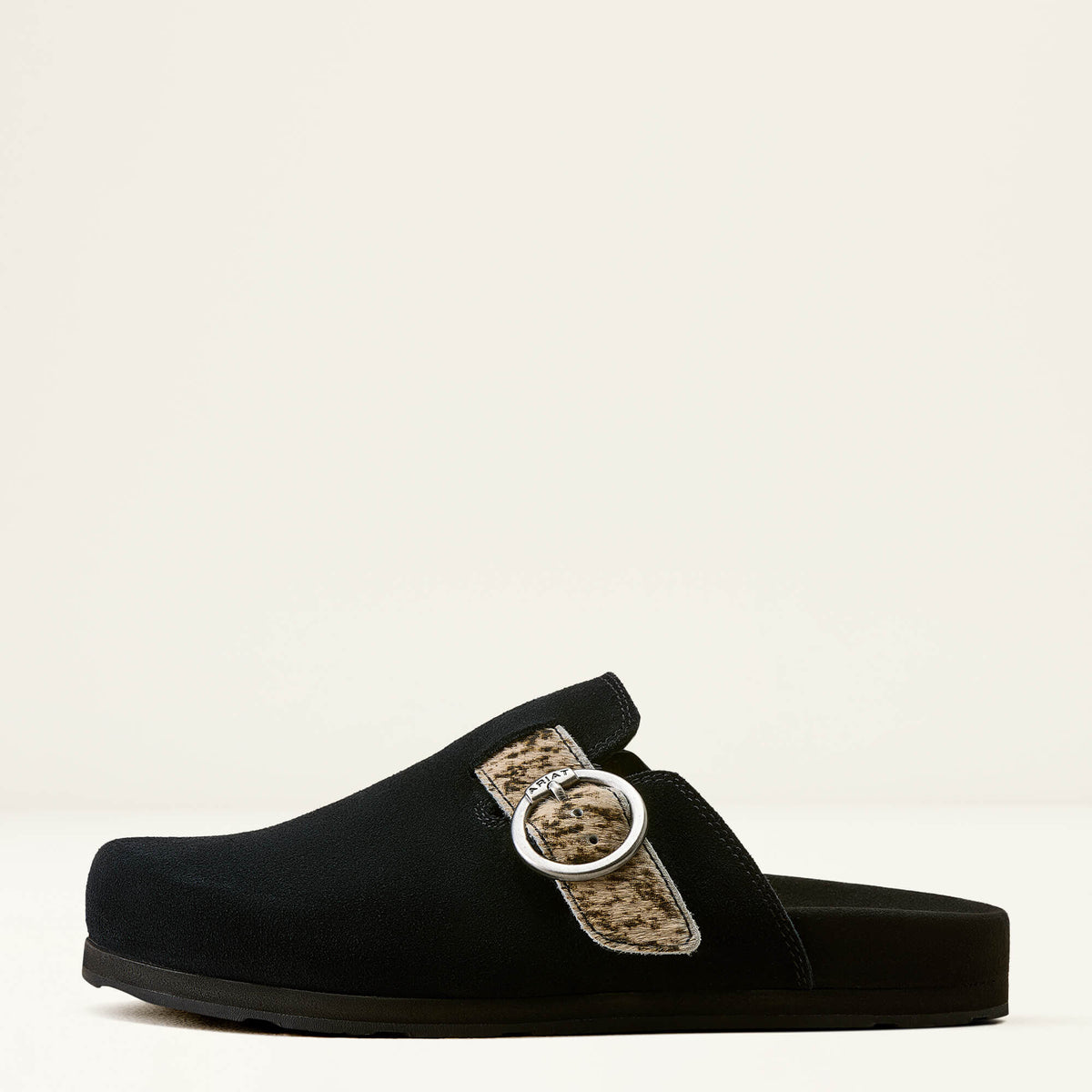 Ariat Country Mule Black Suede Brindle Hair On backless clog silhouette with round toe and chunky platform sole western fashion