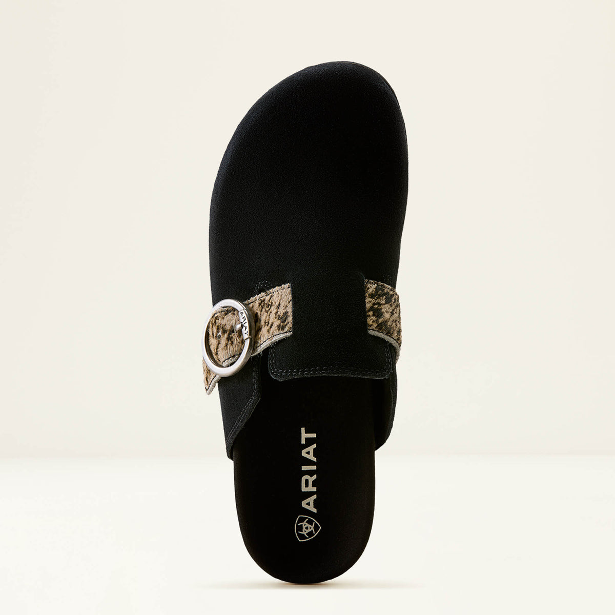 Ariat Country Mule Black Suede Brindle Hair On cushioned black footbed with Ariat logo and wraparound suede vamp cowgirl style