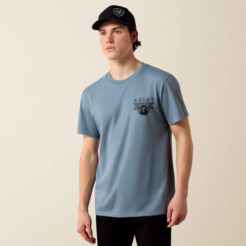 Ariat Mens Rope and Ride T Shirt Light Denim classic crew neck with short sleeves and an easy relaxed fit ranch 