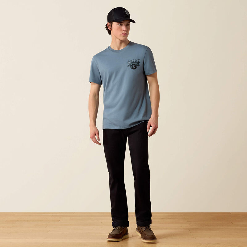 Ariat Mens Rope and Ride T Shirt Light Denim black screen printed Ariat bull skull logo on the left chest cowboy style