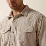 Ariat Mens Retro Handorf Corduroy Fitted Snap Shirt Sand neutral corduroy layer for fall with dark denim and boots western fashion Kamas