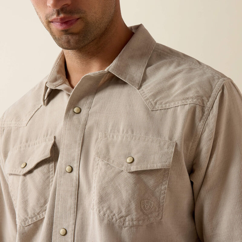 Ariat Mens Retro Handorf Corduroy Fitted Snap Shirt Sand neutral corduroy layer for fall with dark denim and boots western fashion Kamas