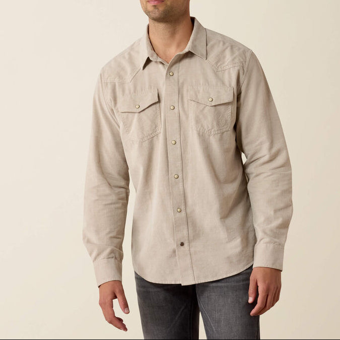 Ariat Mens Retro Handorf Corduroy Fitted Snap Shirt Sand sand cotton corduroy western snap shirt with a soft fine wale texture mens western clothing Utah SKU 10080647