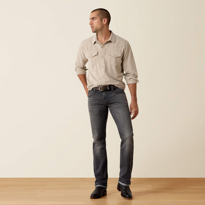 Ariat Mens Retro Handorf Corduroy Fitted Snap Shirt Sand tonal bull horn snaps with flap chest pockets and stitched western yokes cowboy style