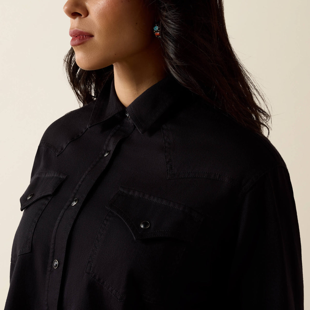Ariat Midnight Western Snap Shirt crystal snap front closure and classic point collar cowgirl style
