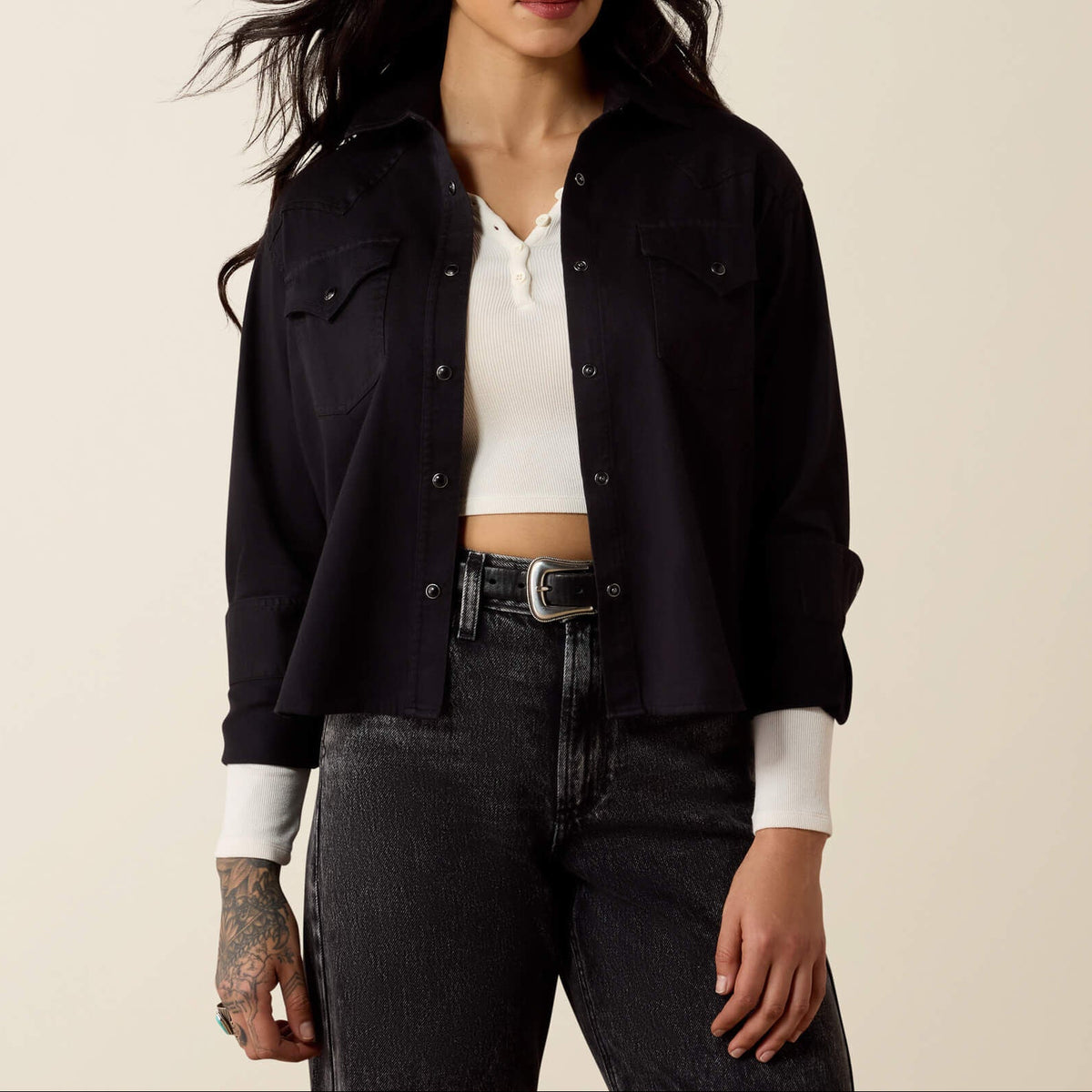 Ariat Midnight Western Snap Shirt solid black cotton long sleeve womens western shirt womens western boutique Utah SKU 10080690