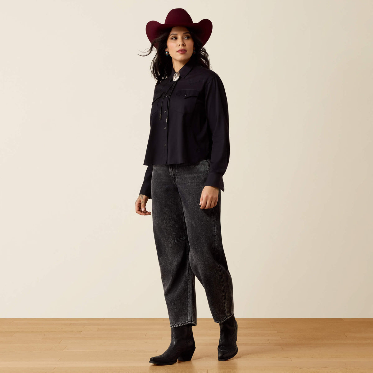Ariat Midnight Western Snap Shirt styled over a white tee with denim for rodeo and everyday western fashion
