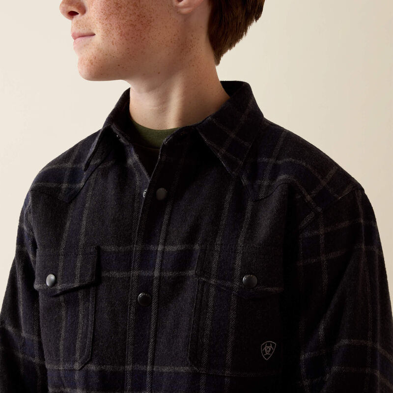 Ariat Boys Retro Shirt Jacket Charcoal Plaid bull horn snap front closure and snap cuffs ranch wear