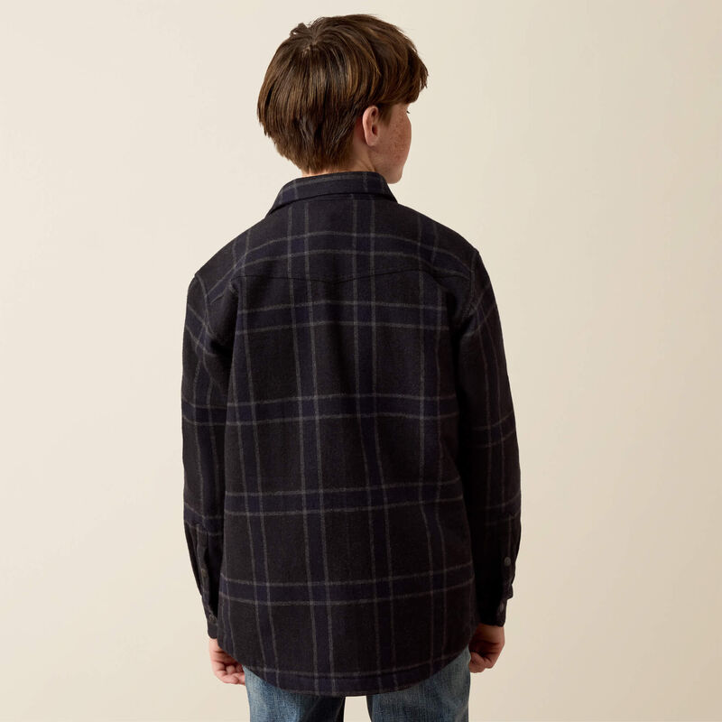 Ariat Boys Retro Shirt Jacket Charcoal Plaid generous boxy fit with room to move for young cowboys