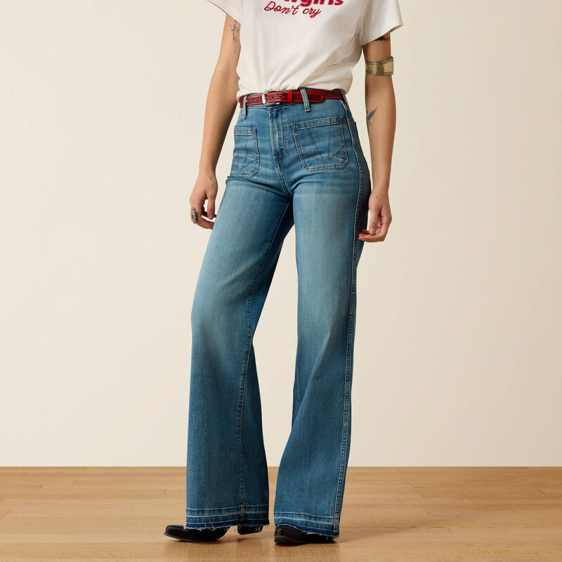 Ariat Womens Ultra High Rise Mavis Wide Leg Jeans Delaware blue stretch denim wide leg jean womens western boutique Utah SKU 10080875
