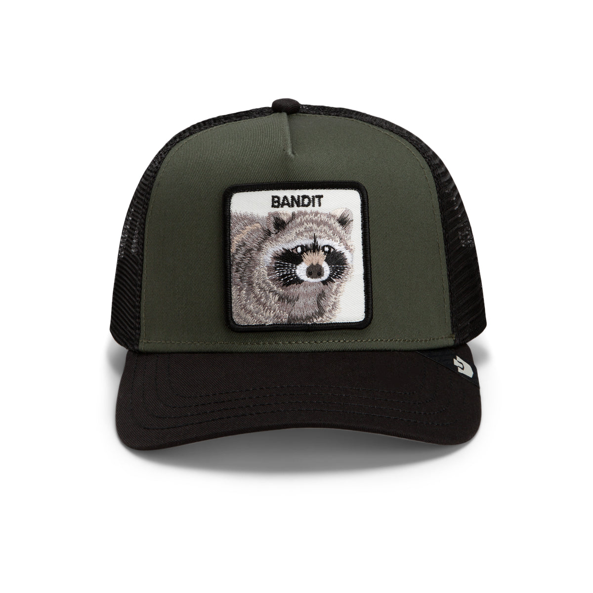 An olive green and black trucker hat featuring a square patch on the front with a raccoon illustration and the word 'BANDIT'. Goorin Bros Bandit Trucker Hat