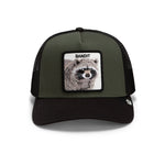 An olive green and black trucker hat featuring a square patch on the front with a raccoon illustration and the word 'BANDIT'. Goorin Bros Bandit Trucker Hat