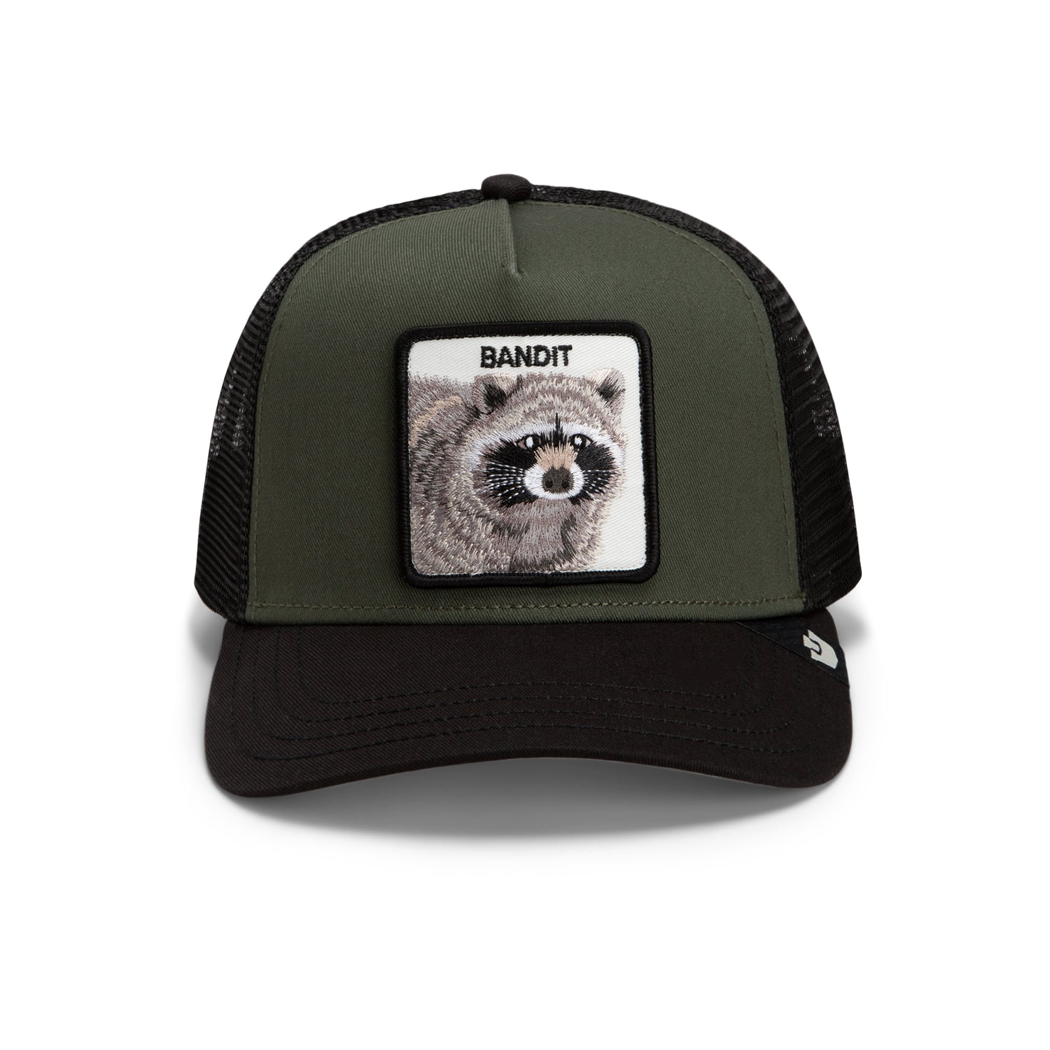 An olive green and black trucker hat featuring a square patch on the front with a raccoon illustration and the word 'BANDIT'. Goorin Bros Bandit Trucker Hat