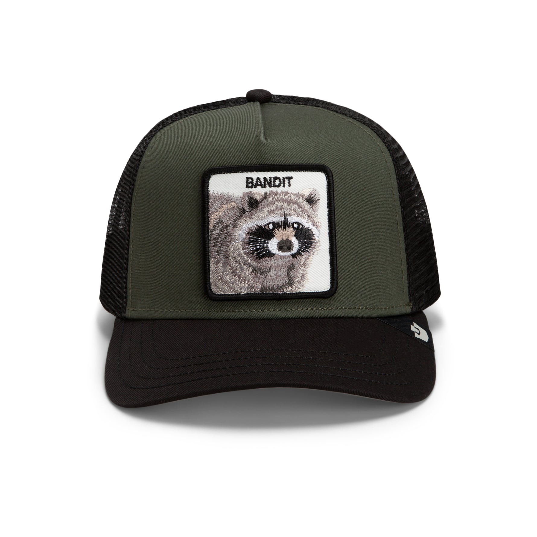 An olive green and black trucker hat featuring a square patch on the front with a raccoon illustration and the word 'BANDIT'. Goorin Bros Bandit Trucker Hat