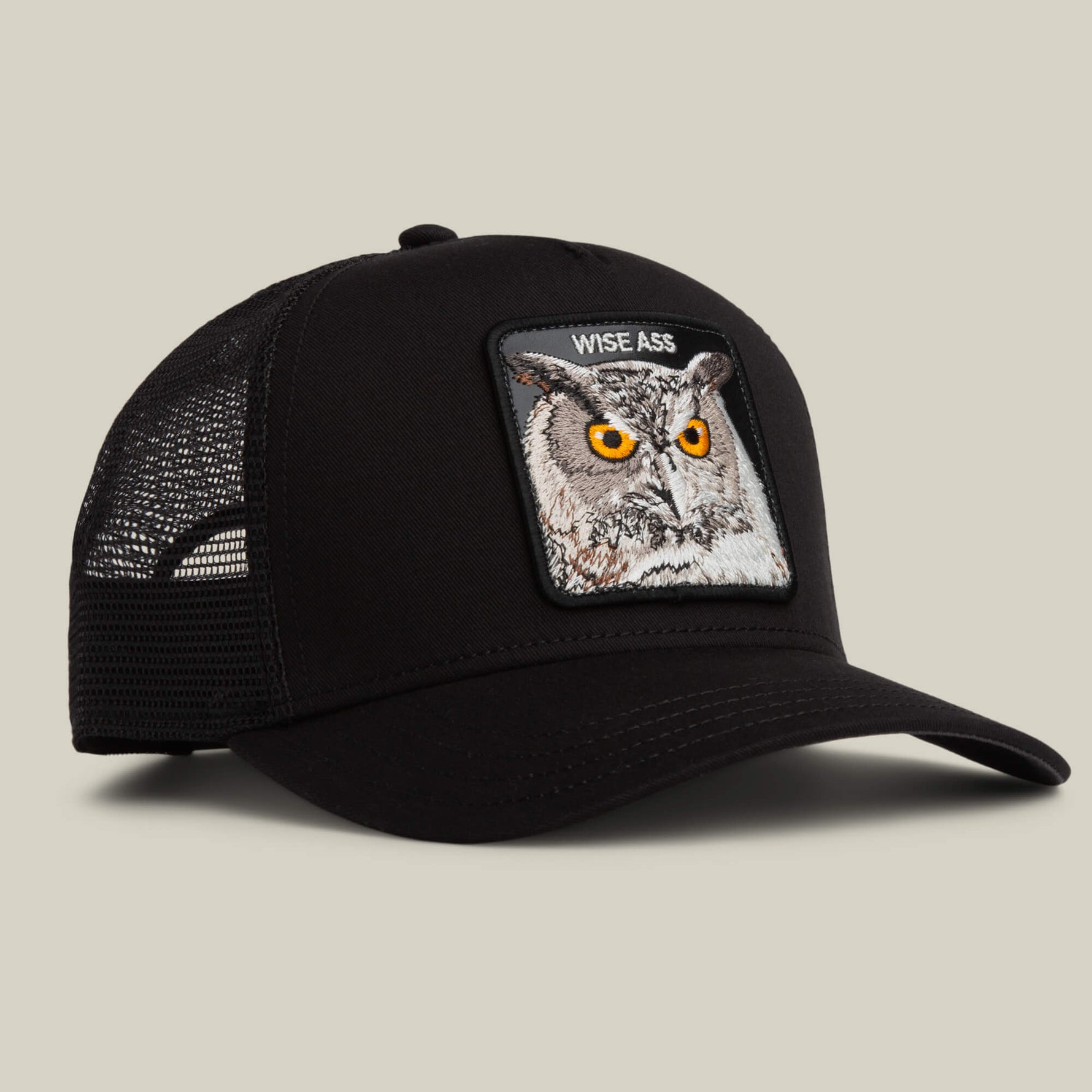 Goorin Bros Wise Ass Trucker framed patch artwork with clipped edges and clean topstitching ranch wear