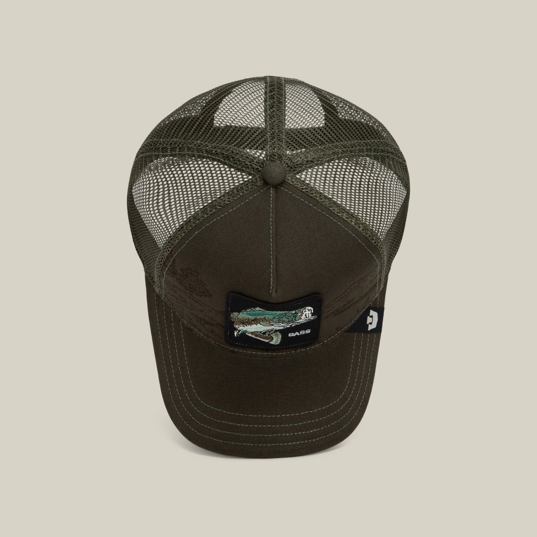 Goorin Bros Badlands Bass six panel crown with a matching covered top button and clean seams rodeo ready