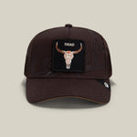 Goorin Bros Badlands Skull deep brown trucker cap with a longhorn skull patch reading DEAD western clothing Utah SKU 1013125GRO01OS
