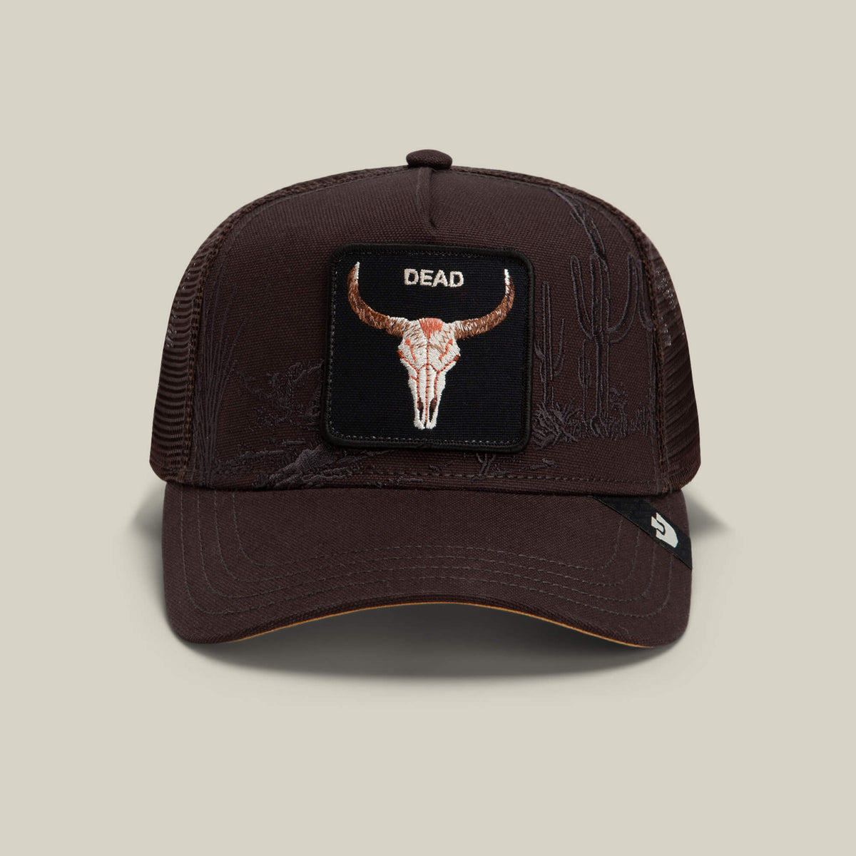Goorin Bros Badlands Skull deep brown trucker cap with a longhorn skull patch reading DEAD western clothing Utah SKU 1013125GRO01OS